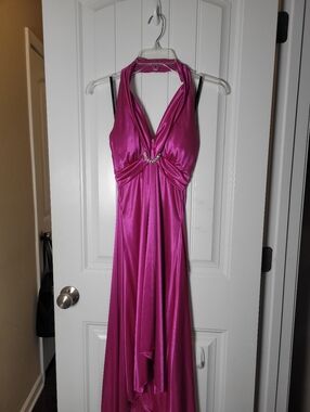 My Michelle Women's Rhinestone Halter Evening Dress in Fuchsia.  Size Small